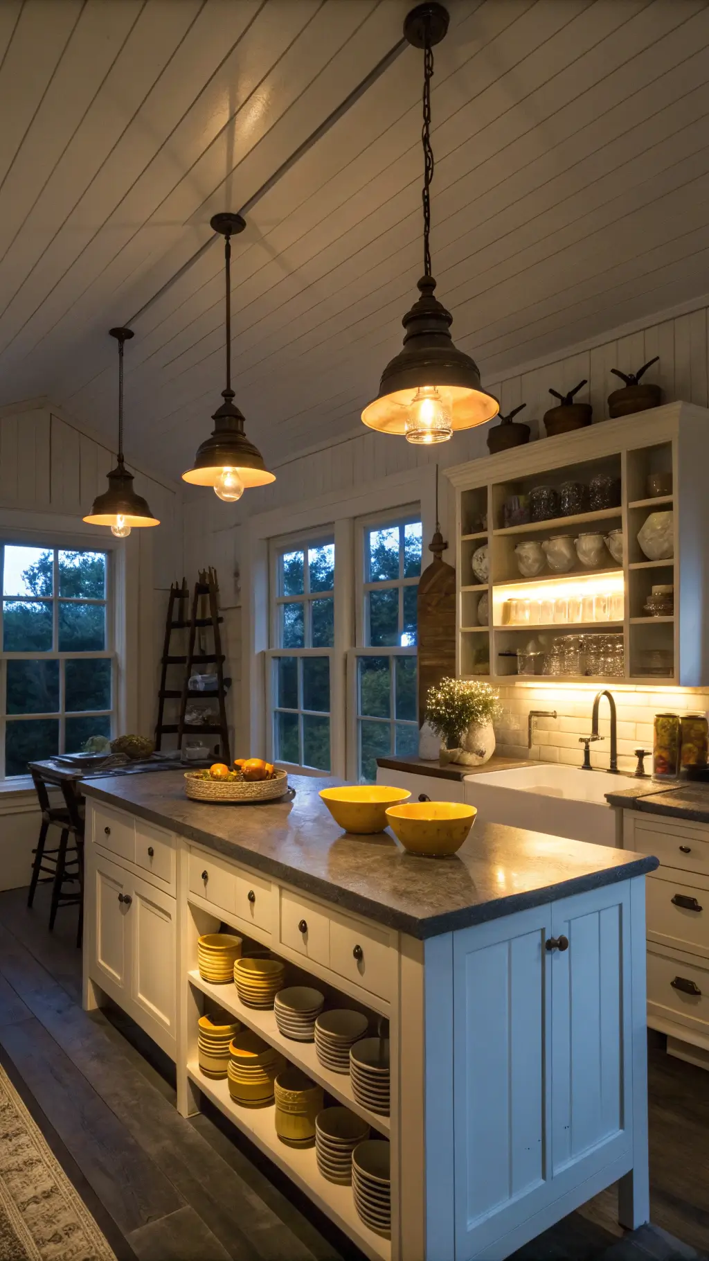 Twilight view of a farmhouse kitchen with vintage pendants, soapstone-topped island, open shelving of yellowware bowls, and under-cabinet lighting