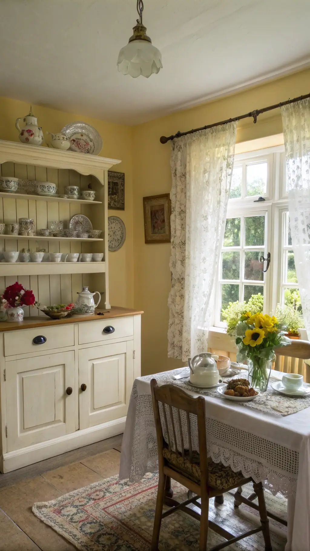 Cozy country kitchen with yellow walls, white cabinets, vintage teacup display, and fresh flowers on a farmhouse table under soft afternoon light