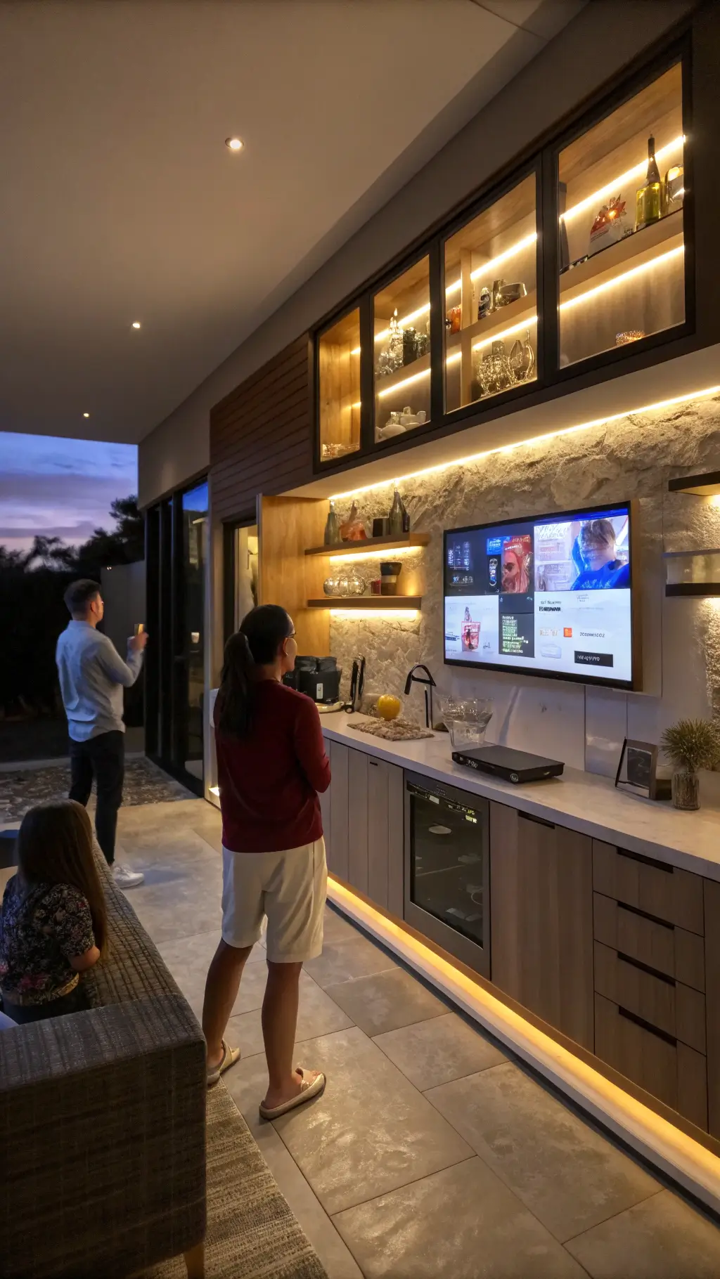 Family enjoying evening in a tech-integrated kitchen with smart displays, wireless charging stations in countertops, motion-responsive LED strip lighting, and floating shelves with speakers.