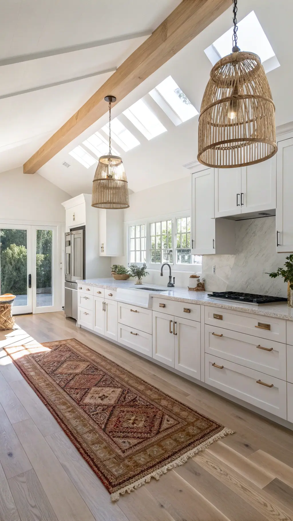 Sunny, spacious 12x15ft kitchen with high ceilings, white walls, light oak flooring, white cabinets with brass hardware, vintage Persian runner, modern waterfall island, rattan pendant lights and natural light streaming through windows.