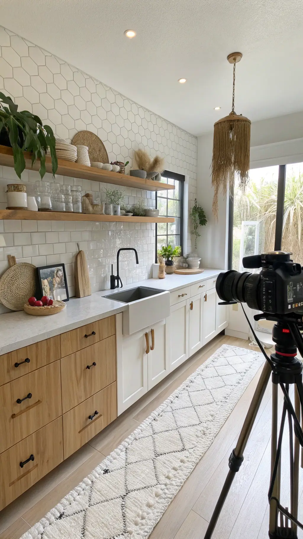 Bright galley kitchen with white IKEA cabinets, zellige tile backsplash, open oak shelving with ceramics and pampas grass, macramé plant hangers, and large window in mid-morning light