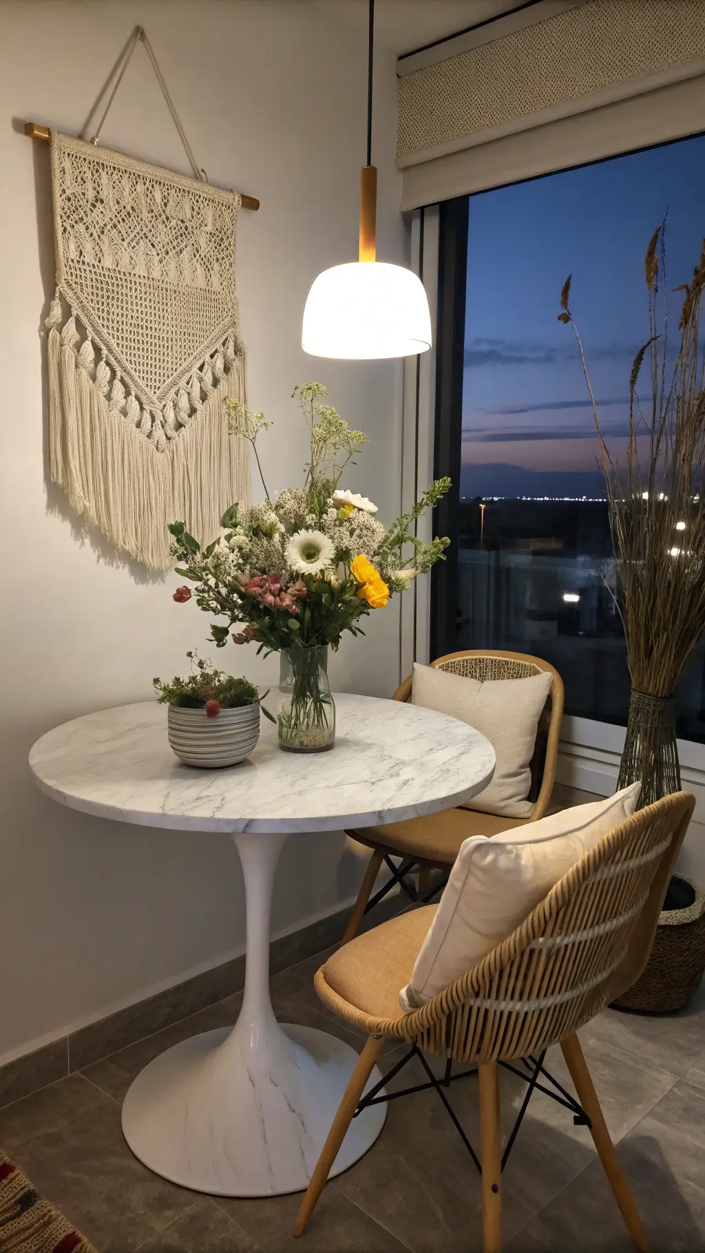 Breakfast nook with white marble table, ceramic vase with wildflowers, rattan chairs with cream cushions, and neutral woven wall hanging during blue hour