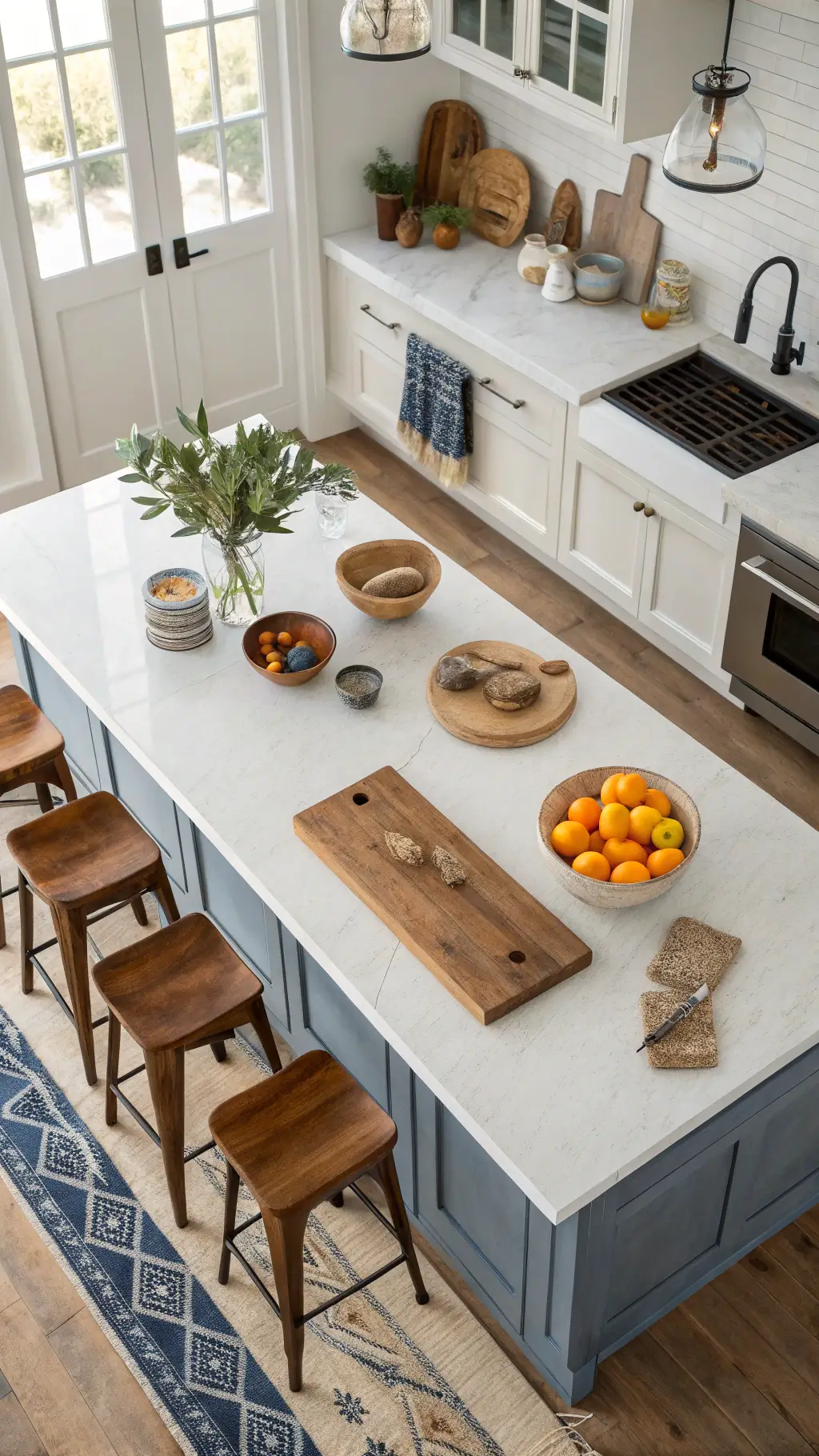 Overhead shot of a white quartz kitchen island styled with wooden cutting boards and earthenware bowls, citrus in a concrete bowl and draped vintage indigo textiles over barstools, lit by morning light.