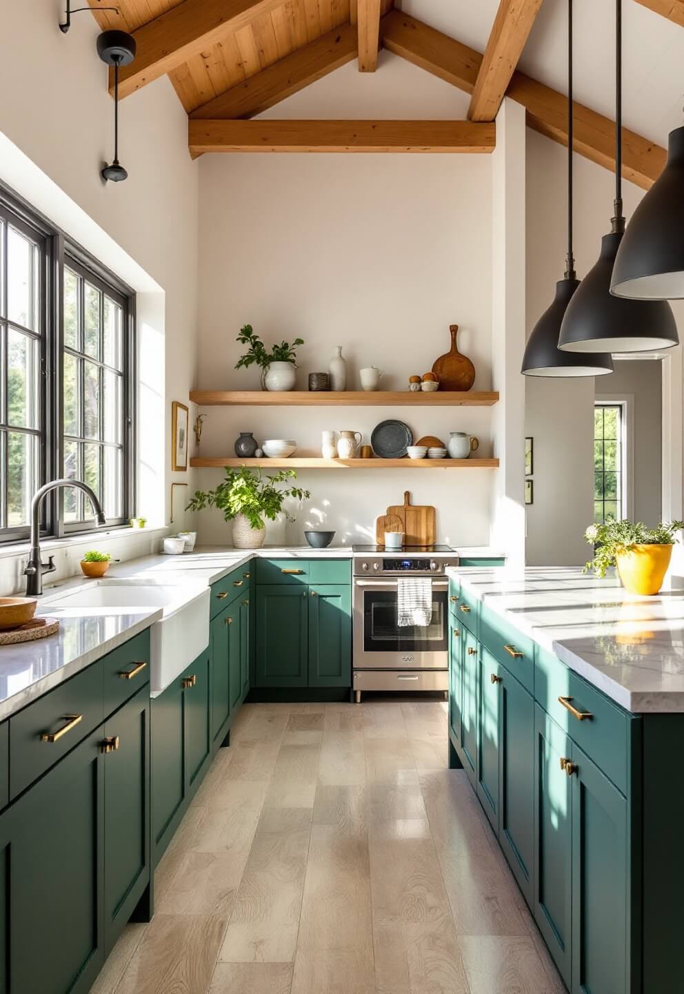 Sunlit modern kitchen with forest green cabinets, wooden beams, floor-to-ceiling windows, and a marble island; featuring brass accents and displayed ceramics.