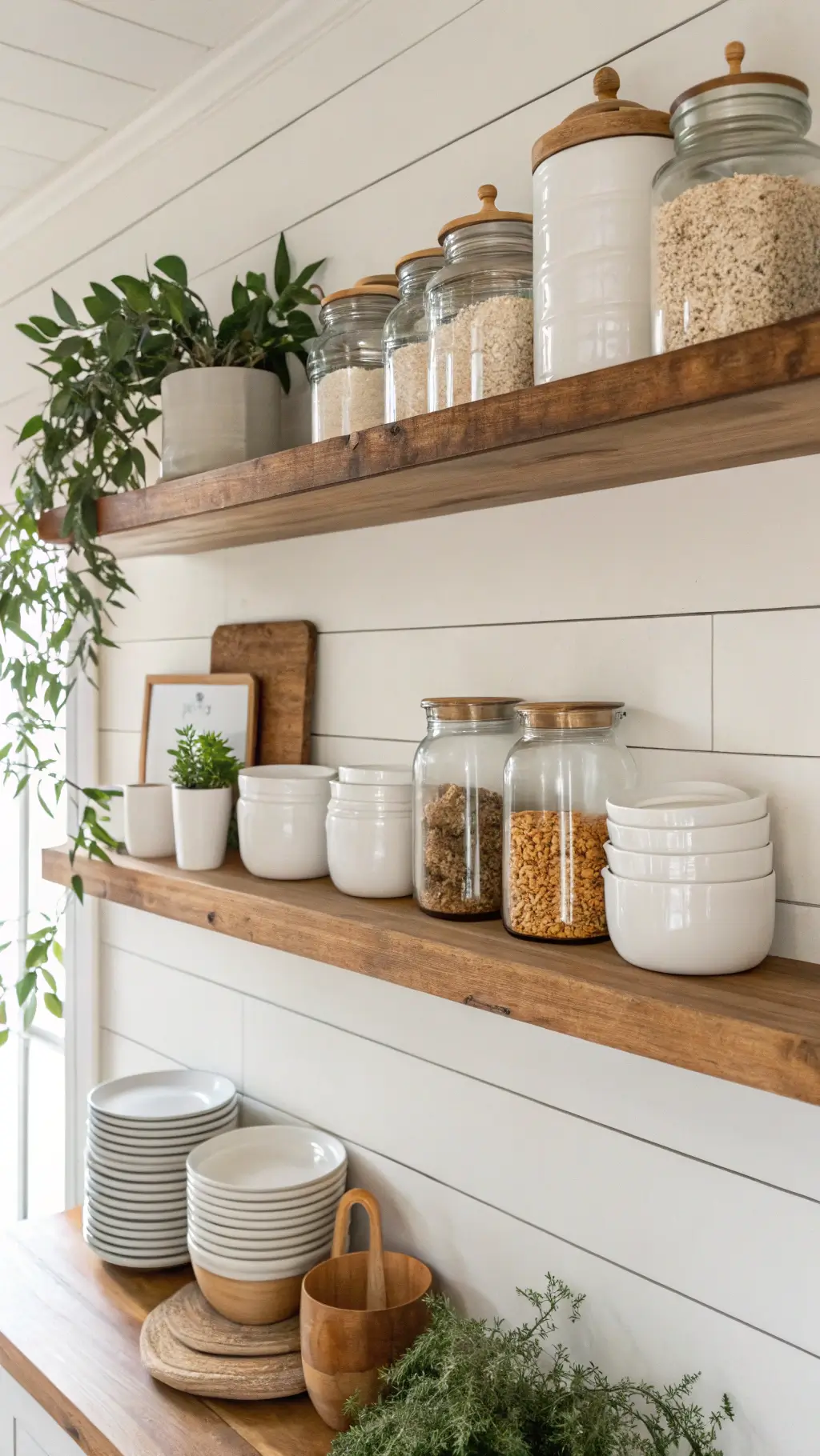 Three oak shelves displaying white ceramics, copper vessels, and glass jars filled with pantry items against a white shiplap backdrop with trailing eucalyptus