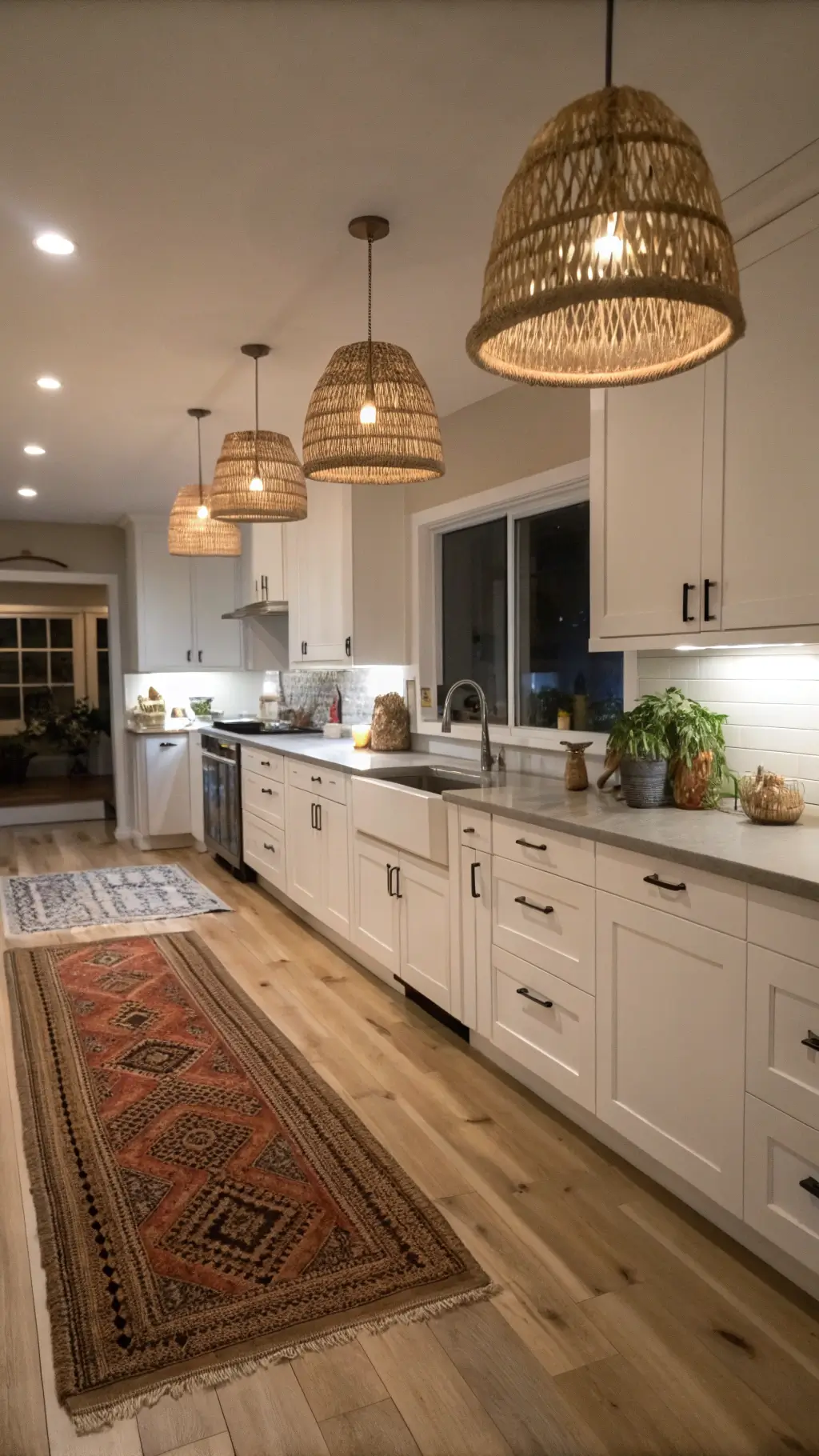 Scandinavian-style kitchen with white cabinetry, oversized woven pendant lights, and vintage kilim runner on oak floors at twilight