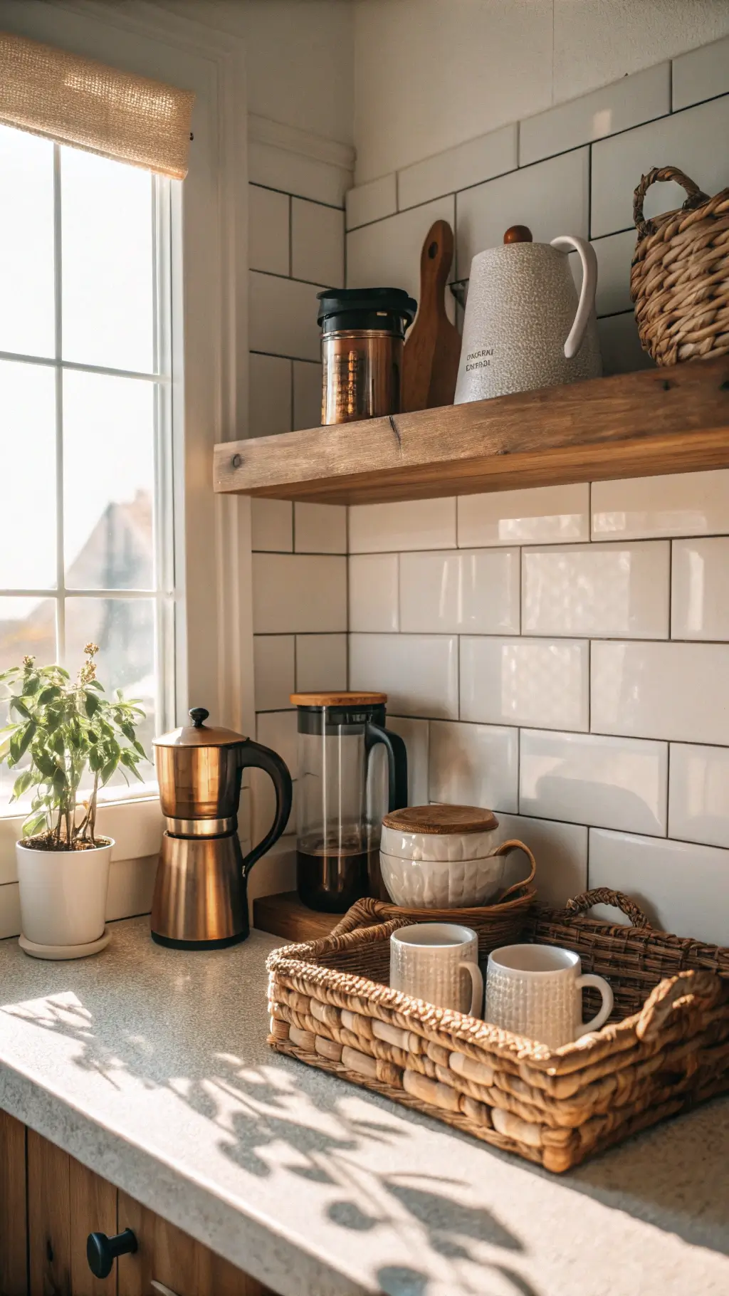 Morning light illuminating a cozy coffee station with brass coffee maker, ceramic mugs, glass canisters on a floating wood shelf, and a handwoven basket with supplies, shot at f/2.8 for a dreamy ambiance