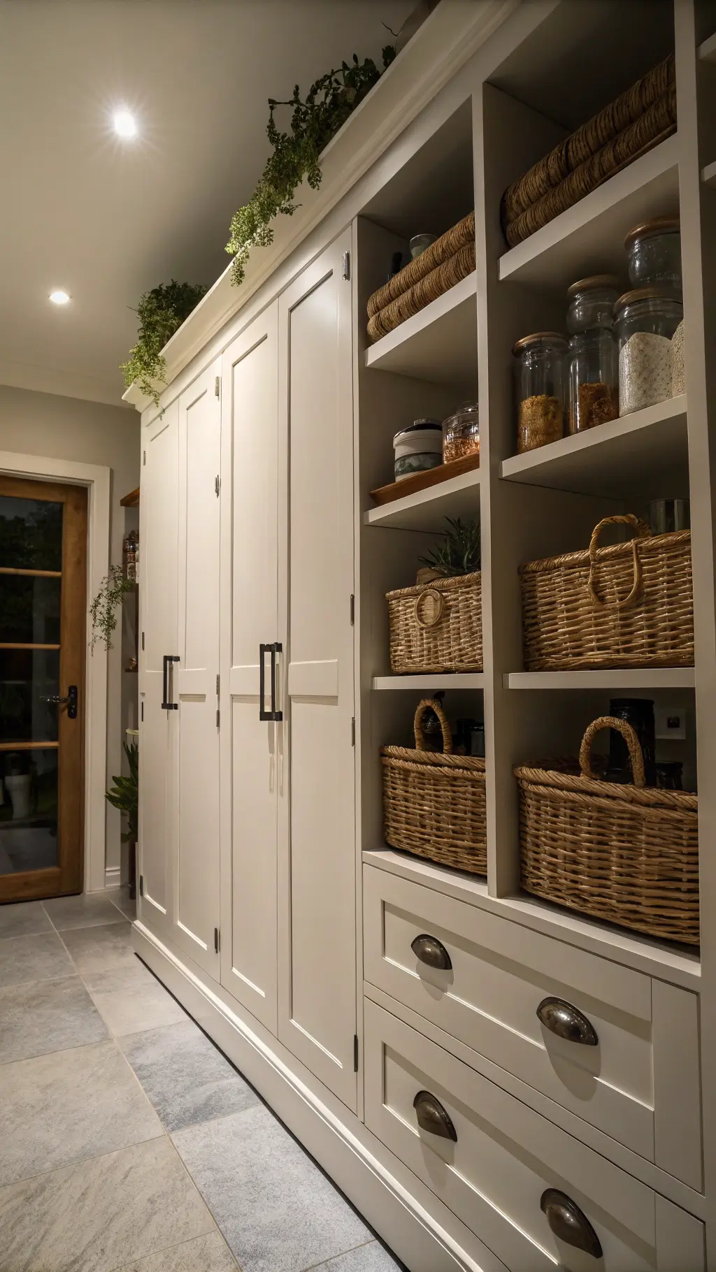 Dusk view of a floor-to-ceiling pantry featuring white cabinets with leather handles, open shelving with woven baskets, glass storage jars, pottery, and trailing plants illuminated by moody lighting