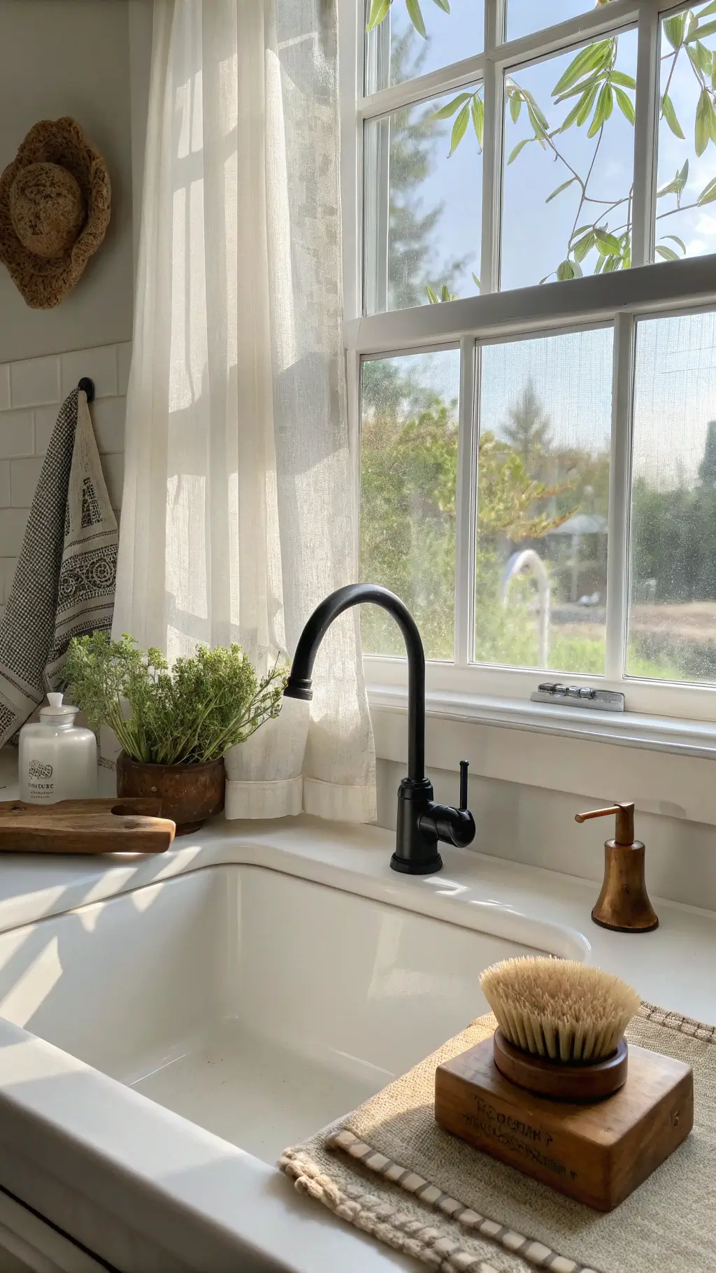 Modern farmhouse sink with matte black faucet, sheer linen café curtains, handmade ceramic soap dish and wooden brush on window sill with potted herbs in morning light