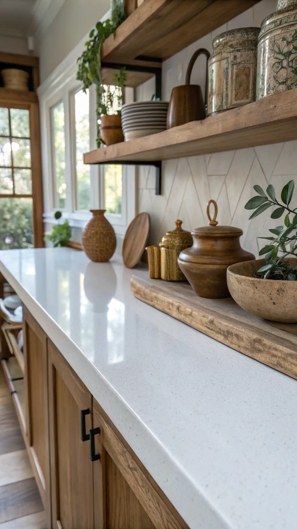 Close-up of white quartz countertop meeting rustic oak shelves with pottery, brass objects and plants, illuminated by afternoon side lighting.