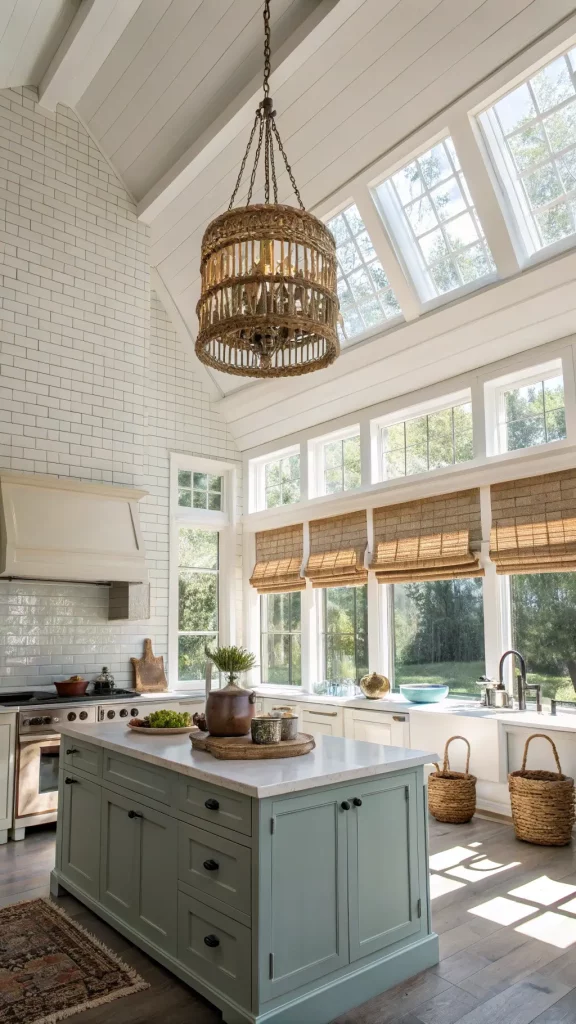 "Sunny 15x20ft kitchen with tall ceilings, expansive windows, bamboo blinds, white walls, large rattan chandelier, oak island, copper cookware on brick wall, and turquoise ceramic vessels, shot from low angle"