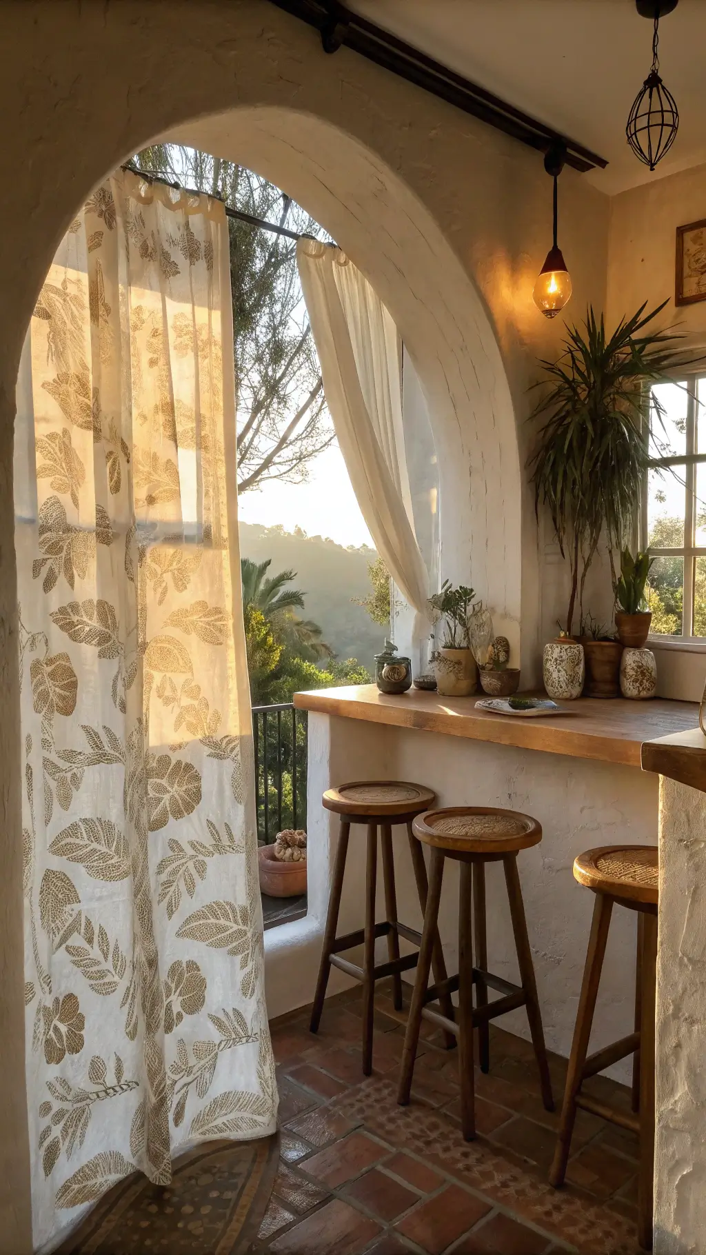 Vintage morning coffee nook with wooden bar stools, handwoven macramé plant hangers, and rustic textures illuminated by golden sunlight through botanical print curtains