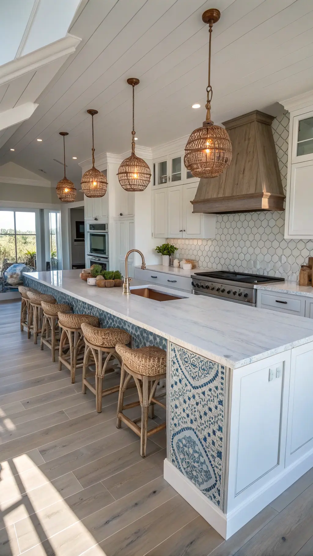 Aerial view of a large kitchen featuring a 12ft island with Moroccan tile inlay, rattan barstools, a coastal colour palette, and hanging copper pendant lights illuminating whitewashed oak floors in late afternoon sunlight.