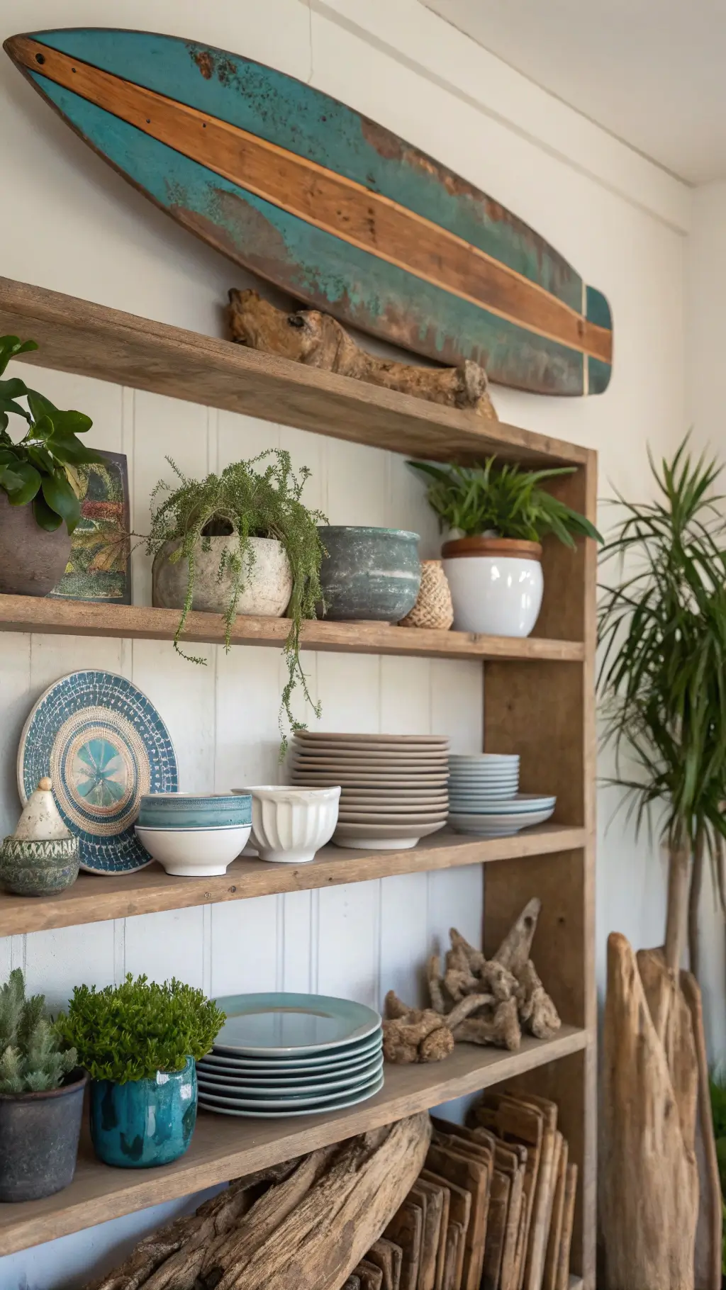 Close-up view of a stylish 8ft wall space with open shelving featuring a curated collection of ceramics in oceanic blues and sandy neutrals, driftwood pieces, and potted herbs, lit by diffused natural light. A vintage surfboard mounted above the shelf serving as art enhances the aesthetic.