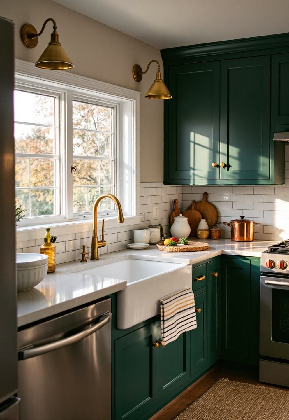 Emerald green kitchen cabinets in a north-facing 10x15 space with white subway tile backsplash, brass sconces, cream stone counters, copper cookware, and jute runner during golden hour