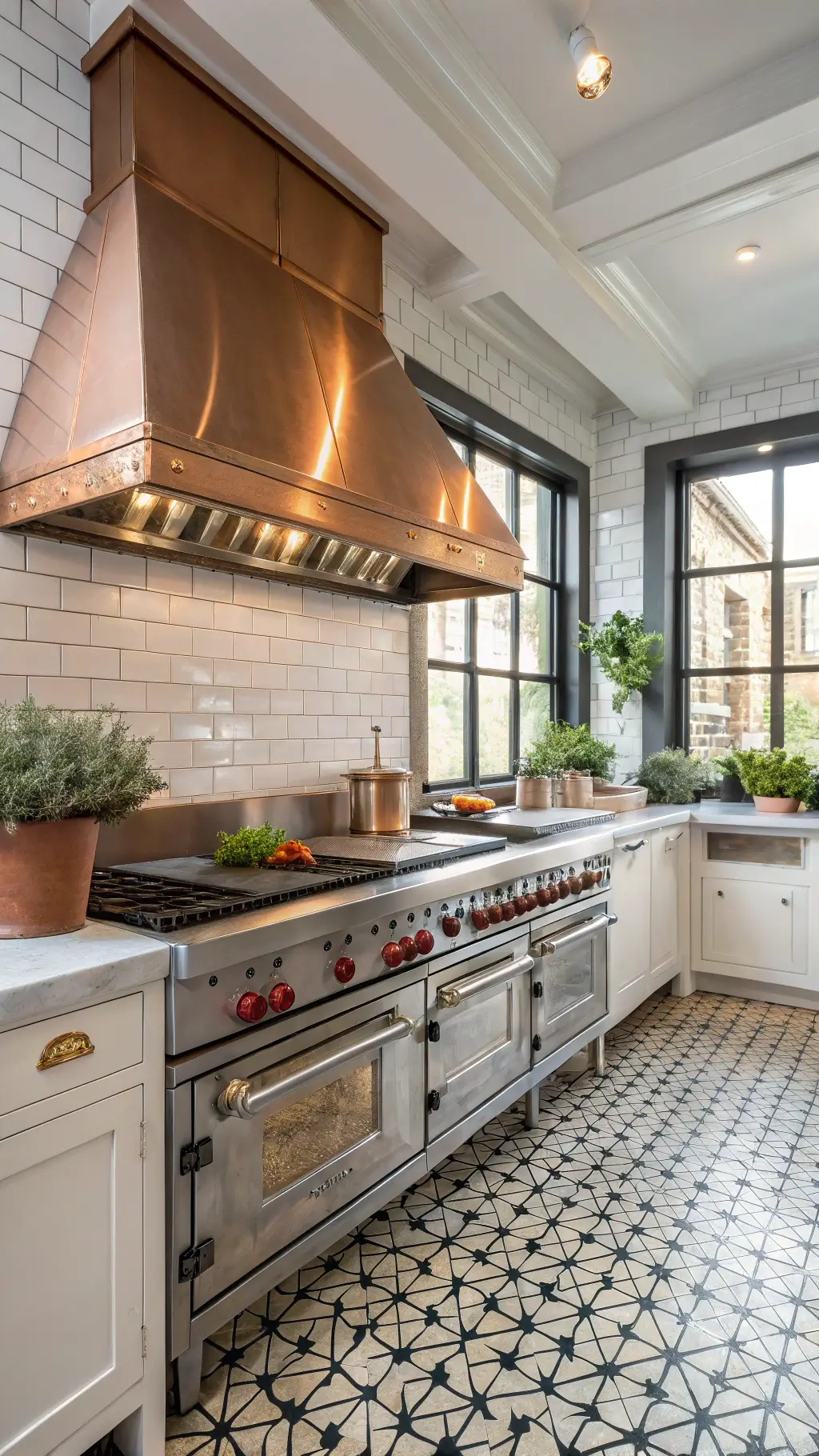 Chef's professional cooking zone with copper hood, mixed metal fixtures, and floor-to-ceiling subway tile with geometric patterns, lined with terracotta pots of fresh herbs on the window sill in warm morning light