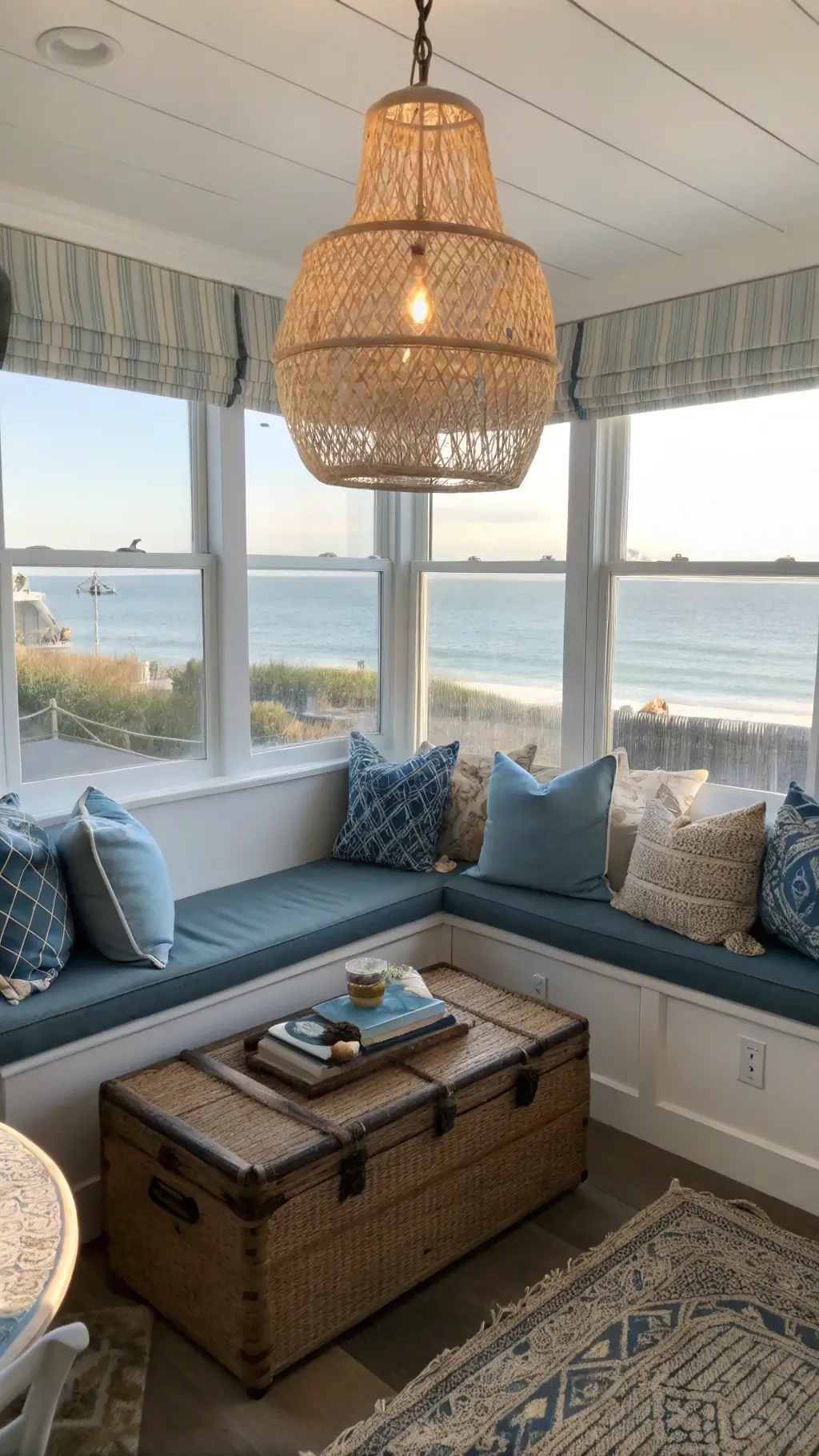 Cozy corner banquette nook with coastal blue upholstery, natural fiber pillows, vintage trunk coffee table and floor cushions, illuminated by afternoon light through a large window