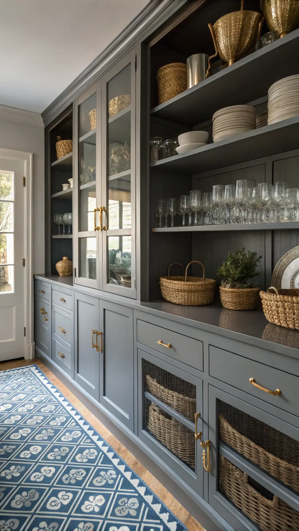 Butler's pantry featuring glass-front cabinets with brass hardware, styled shelves with glassware and ceramics collection, under moody afternoon lighting with a geometric runner in blues and neutrals and woven baskets stored above cabinets.