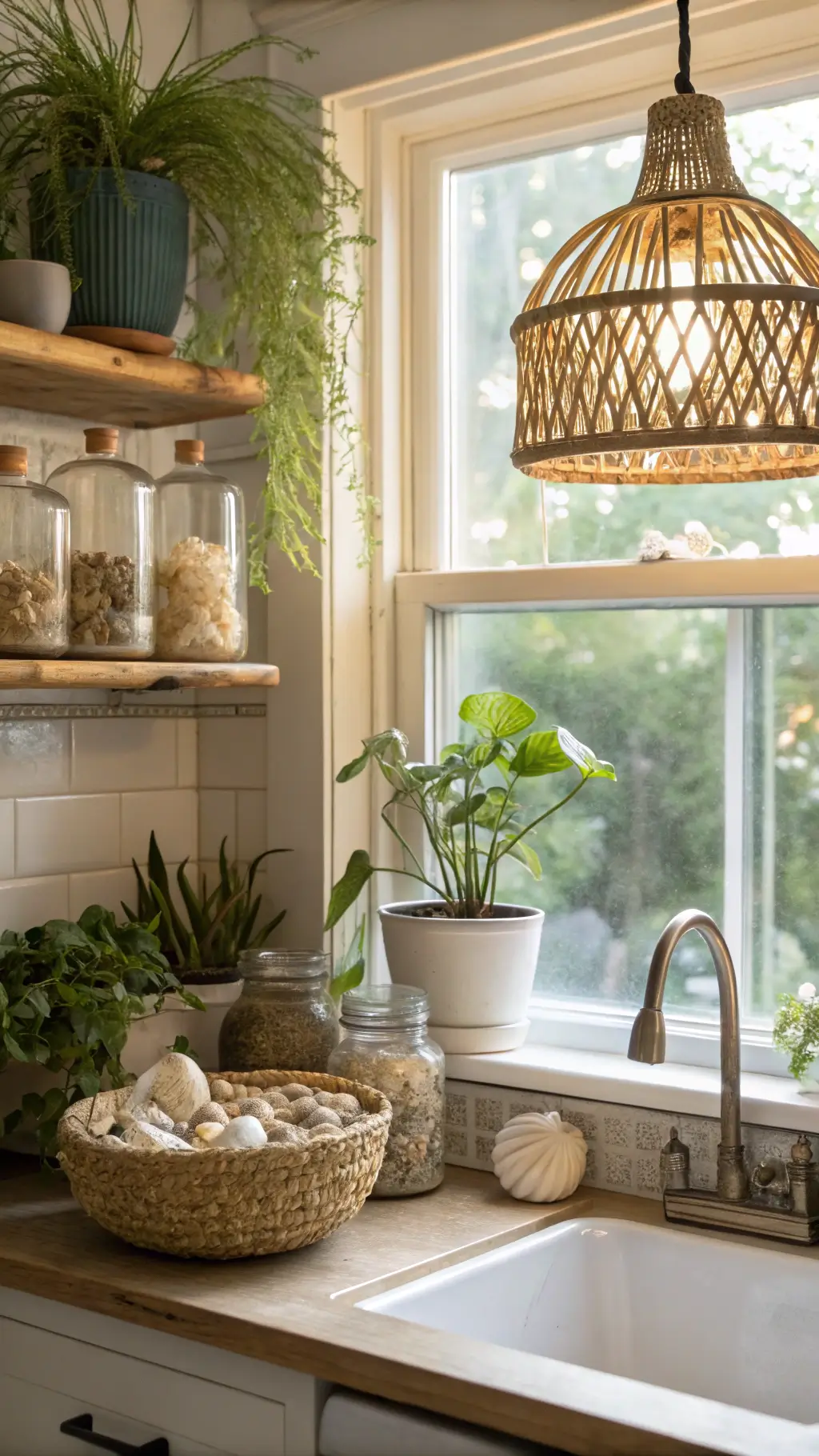 Morning light illuminating hanging plants and shell collections in glass vessels near prep sink area with carved wooden shelves holding neutral-toned dishes and a handwoven basket pendant light overhead