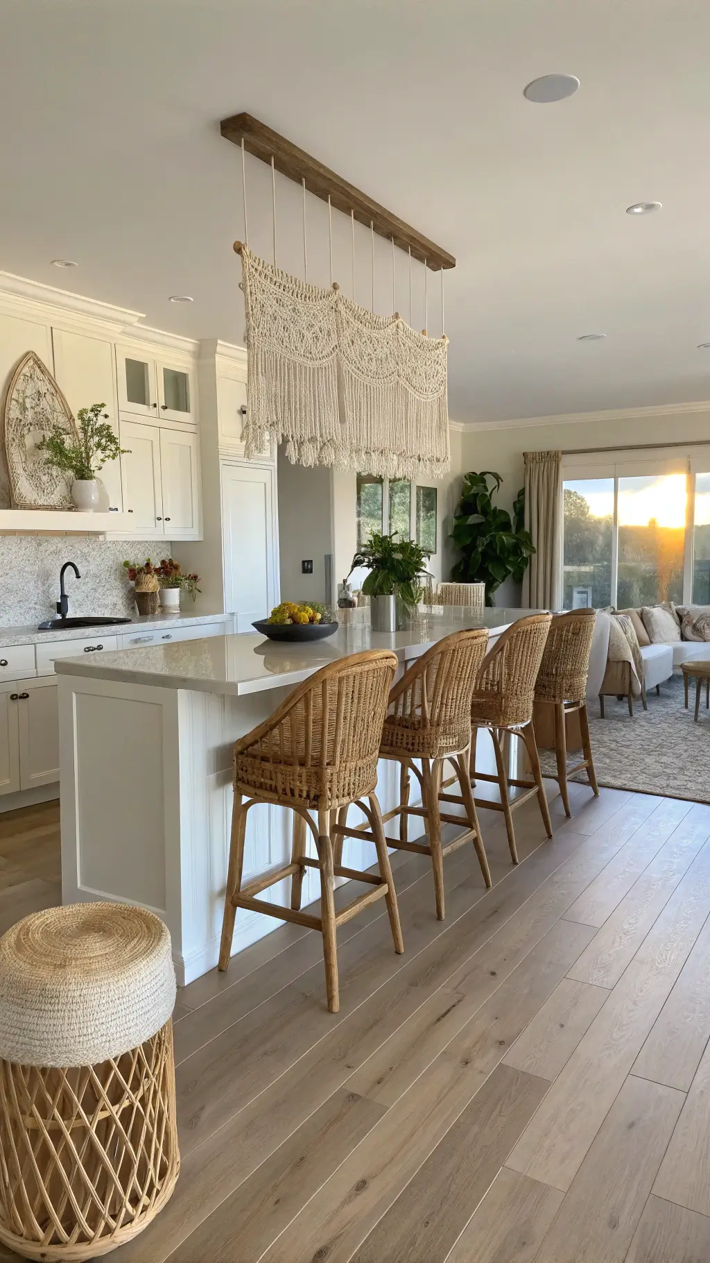 Golden hour light illuminating a transitional breakfast bar and living space with bohemian elements, featuring bleached oak floors, oversized rattan chairs with cream cushions, and a macramé wall hanging, captured from a wide-angle architectural shot.