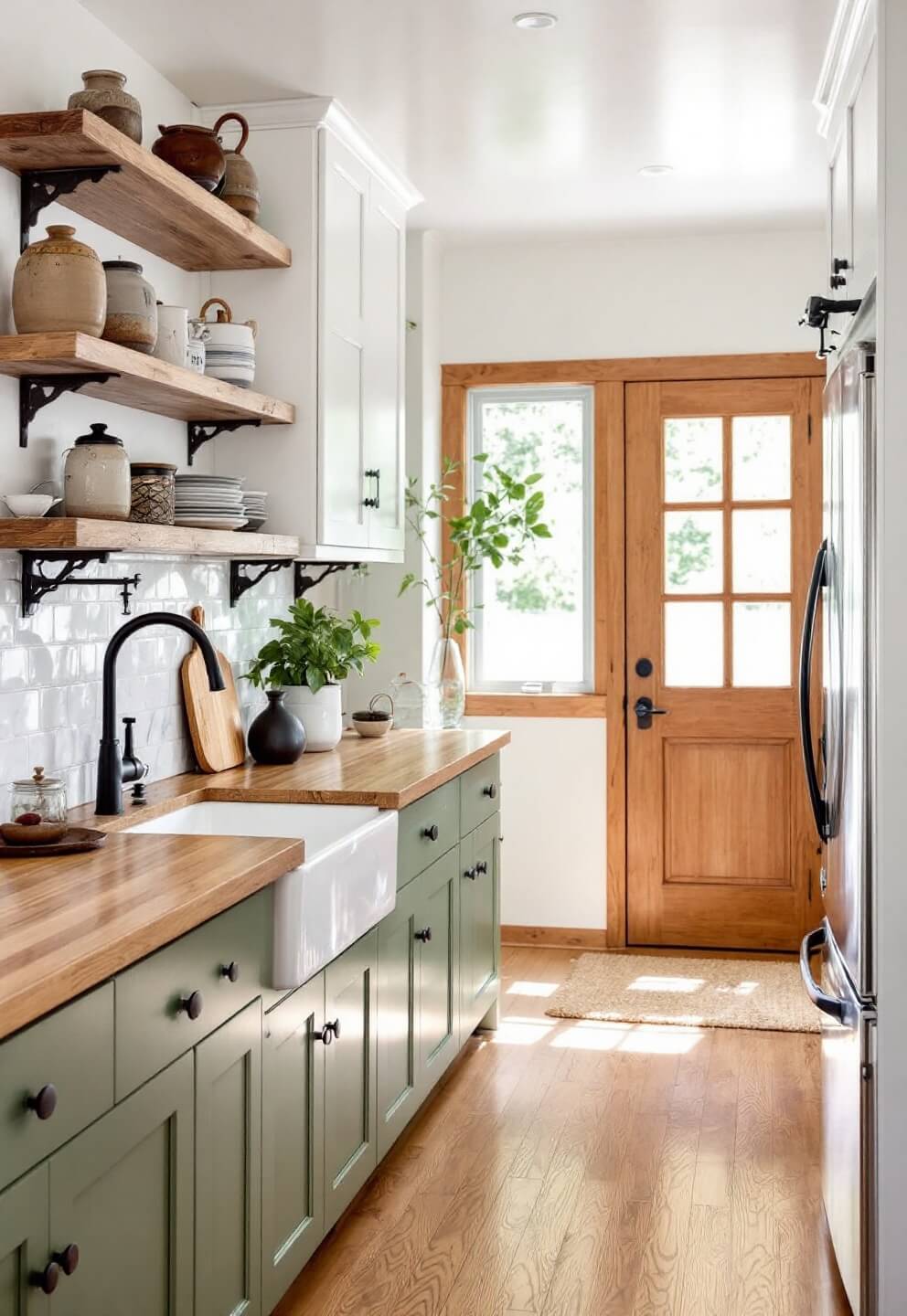 Farmhouse kitchen with sage-emerald cabinets, white marble backsplash, and vintage décor, styled in soft afternoon light