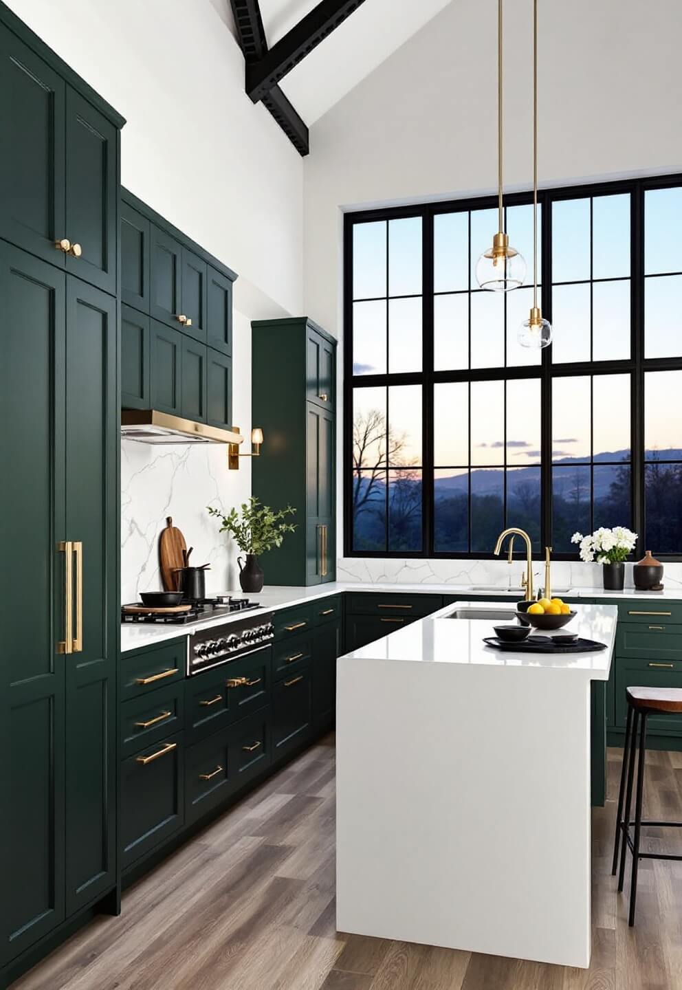 Dramatic evening kitchen with forest green cabinets, black metal windows, white quartz countertop island, black ceramics, green plants, and brass sconces.