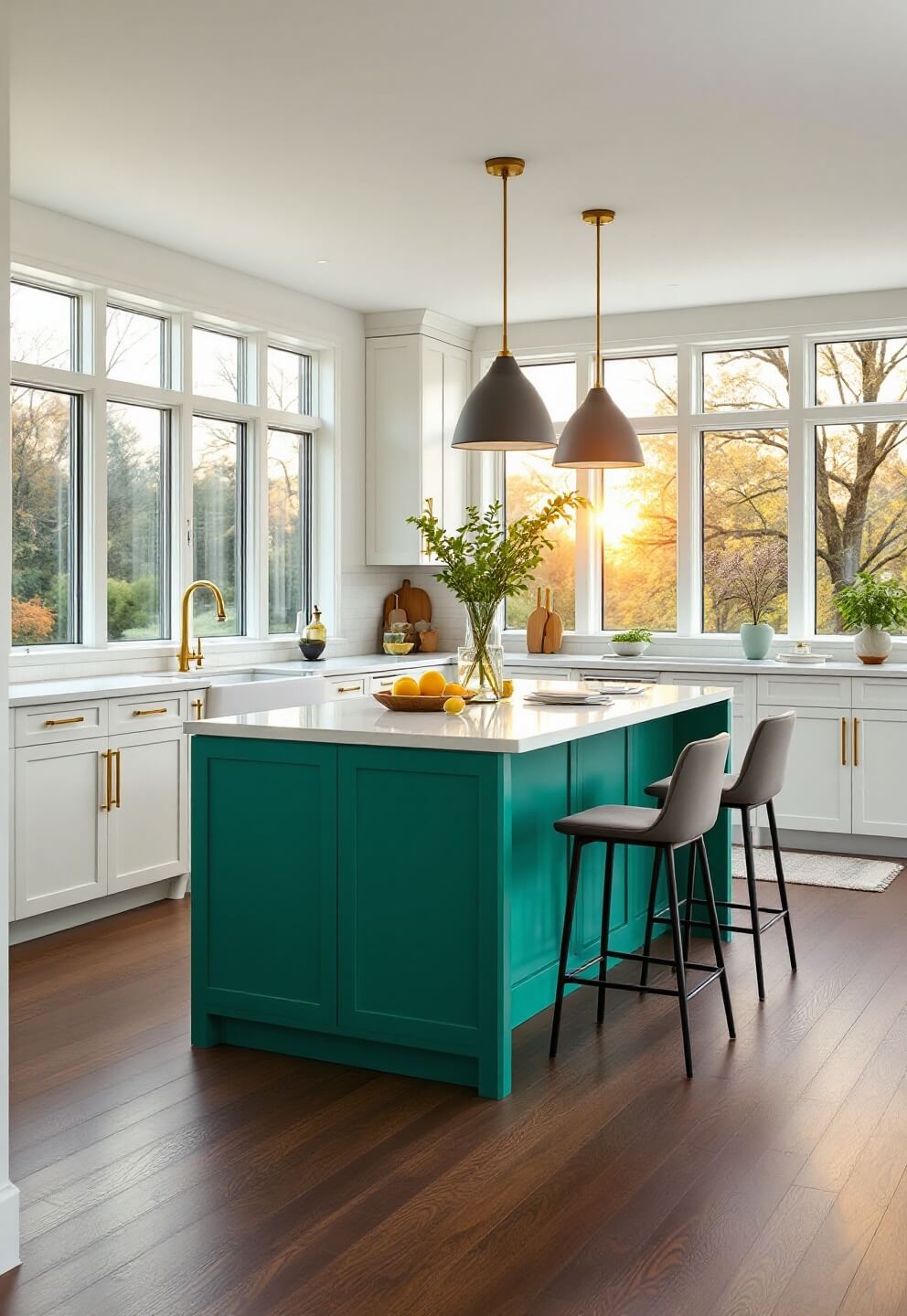 Contemporary kitchen with emerald green island, white cabinets with brass handles, modern pendant lights, and geometric bar stools, bathed in golden light from floor-to-ceiling windows.