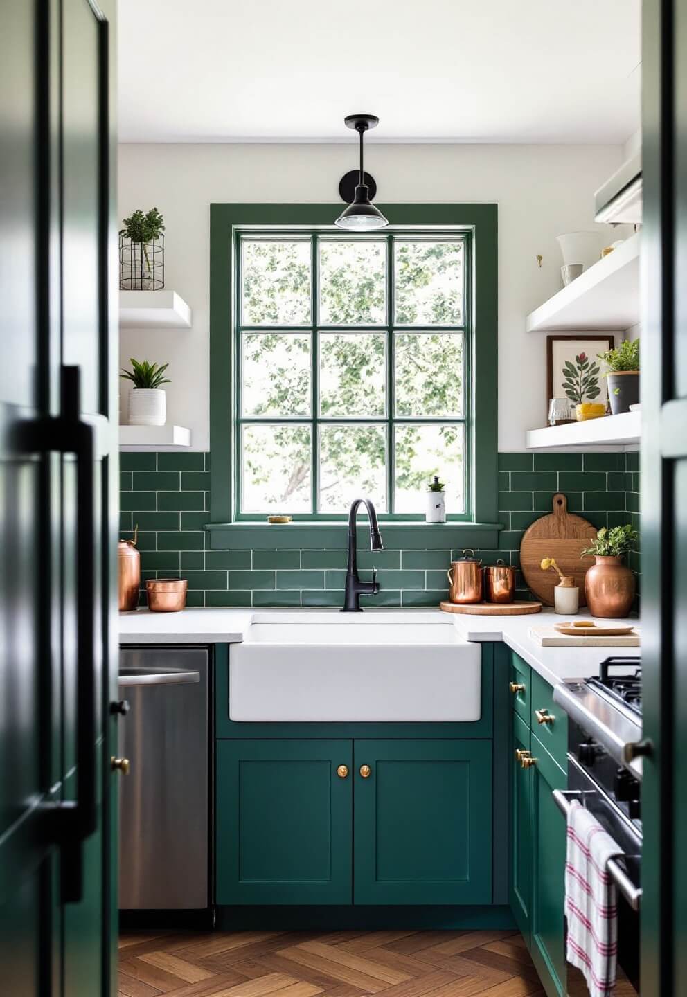 Emerald and white galley kitchen featuring farmhouse sink with garden window, matte black fixtures, vintage copper pots, botanical prints, and herringbone wood floors in an 8x12 foot space.