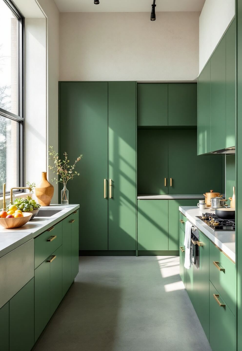 Minimalist emerald green kitchen with concrete floors, clerestory windows, brushed gold hardware, and styled with sculptural fruit bowl and architectural cookware