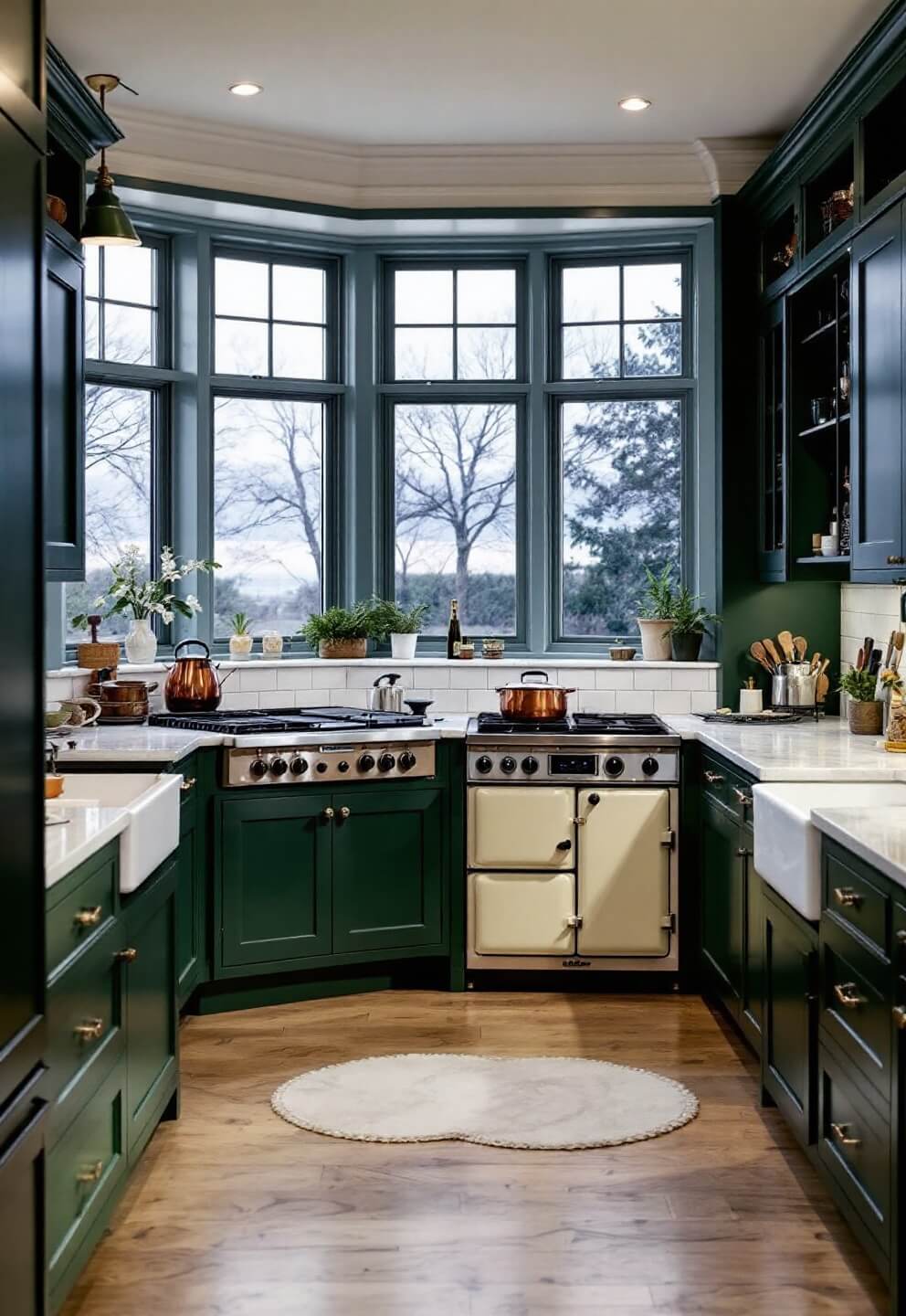 Traditional kitchen with forest green cabinets, cream Aga range, marble counters, subway tile backsplash, copper cookware and fresh herbs, brightly lit by natural light from bay window during blue hour