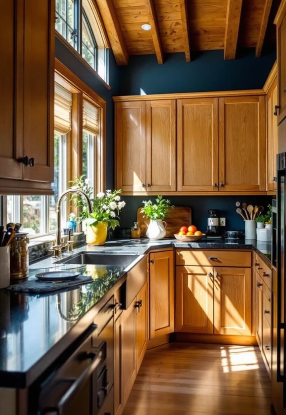 Traditional kitchen with high ceilings, honey-toned red oak cabinets, granite-topped island, navy blue walls and ample natural light