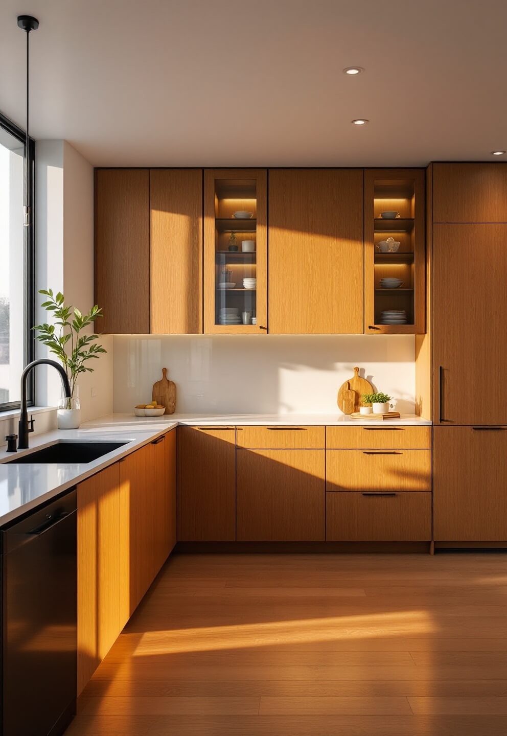 Spacious L-shaped modern kitchen with white oak cabinets, matte black hardware, glass-front upper cabinets with LED lights and white quartz countertops under the golden hour sunlight