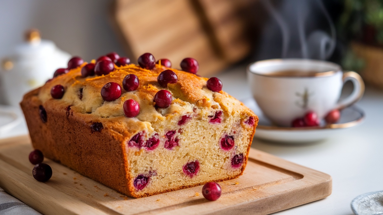 A moist Vegan Cranberry Orange Breakfast Loaf with cranberries and orange zest, sliced on a wooden board next to a cup of tea.