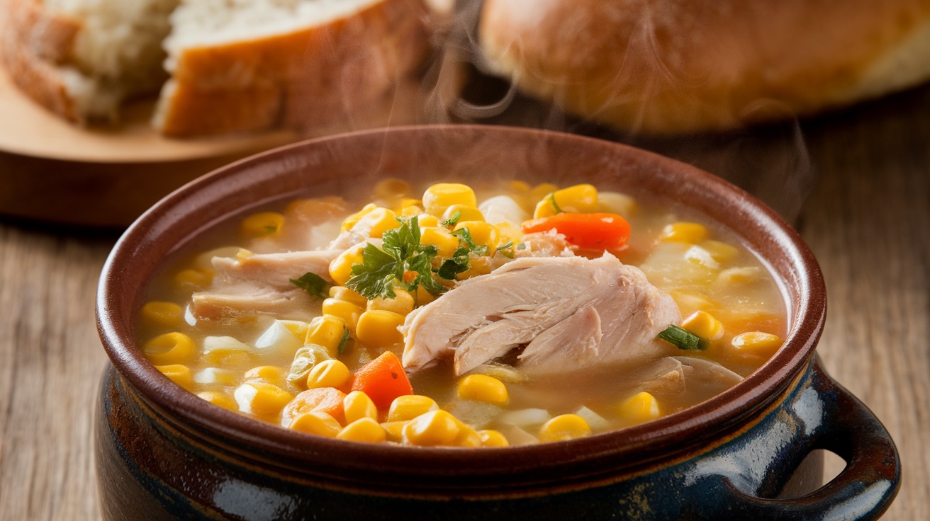 A hearty bowl of chicken corn soup with vegetables, garnished with parsley, on a rustic table with bread.