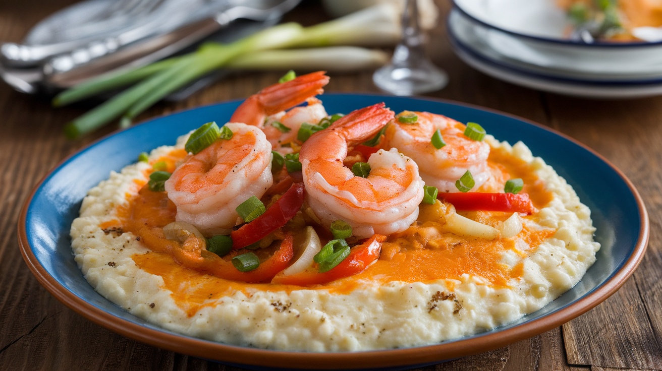 A plate of spicy Cajun shrimp over creamy grits, garnished with green onions, on a rustic table.