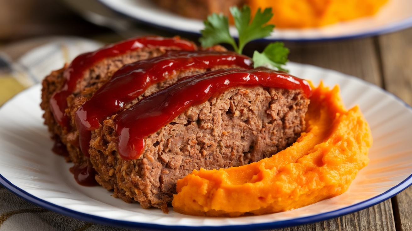 A slice of gluten-free meatloaf with ketchup glaze beside creamy mashed sweet potatoes, garnished with parsley on a rustic table.