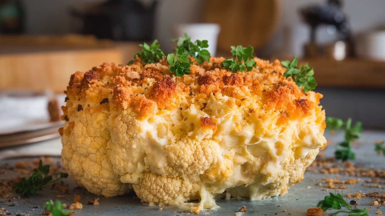 A Vegan Cheesy Cauliflower Bake topped with breadcrumbs and parsley, served in a rustic kitchen setting.