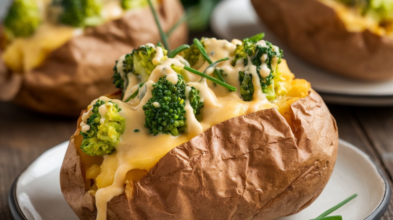 A baked potato filled with vegan cheese sauce and broccoli on a wooden table.