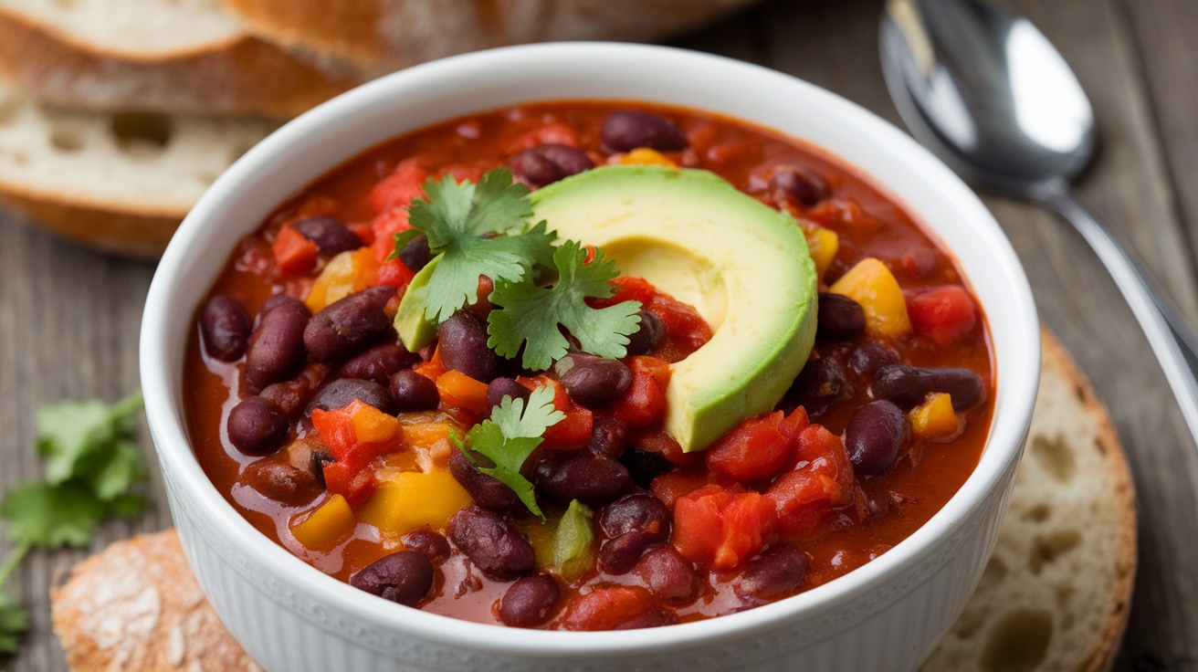 A bowl of vegan black bean chili topped with avocado and cilantro, served with bread.