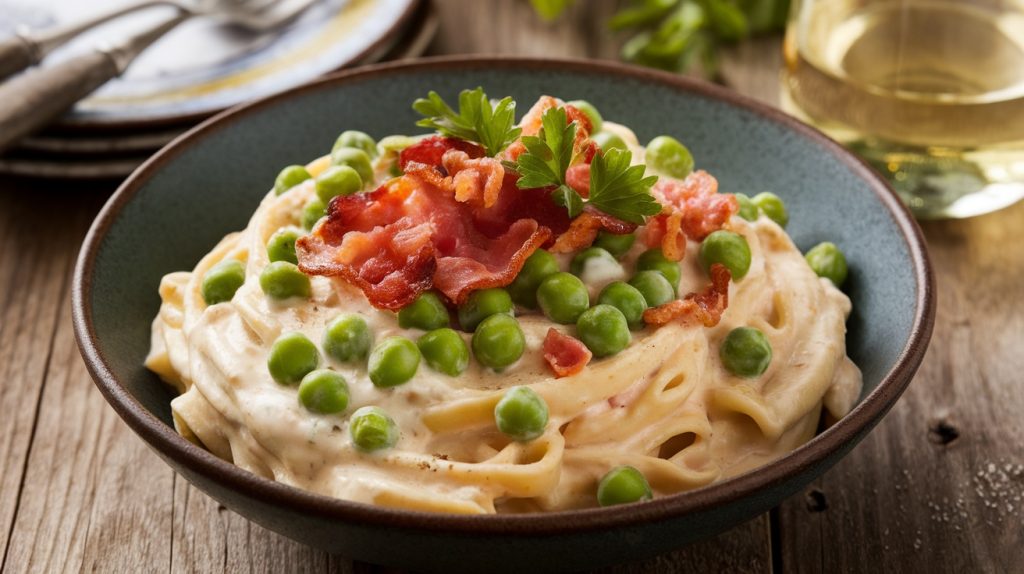 Crème Fraiche Pasta with Peas and Bacon