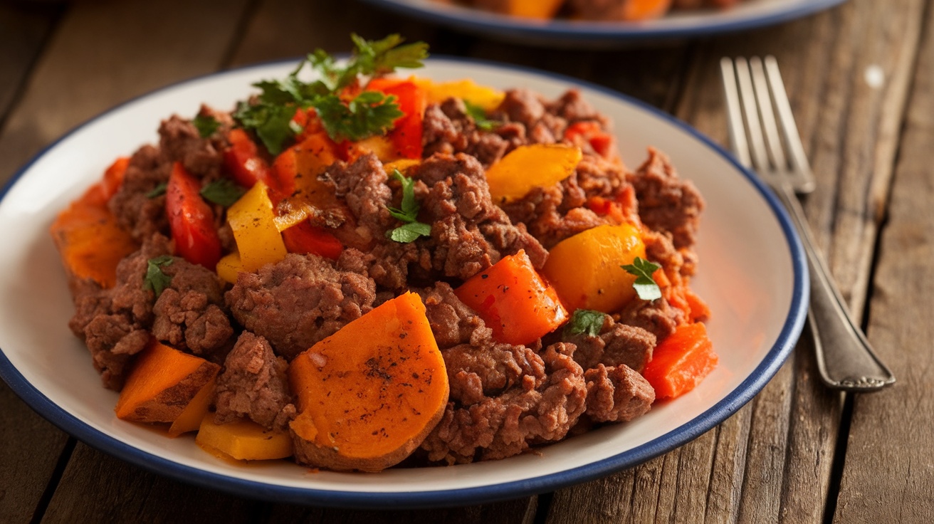 A delicious serving of beef and sweet potato hash with colorful peppers and fresh parsley, presented on a rustic table.