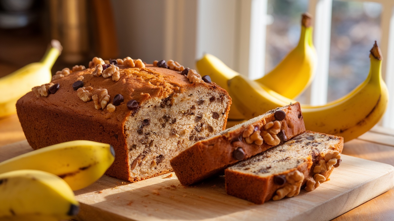 A freshly baked vegan banana bread with chocolate chips and walnuts on a wooden board, surrounded by ripe bananas.