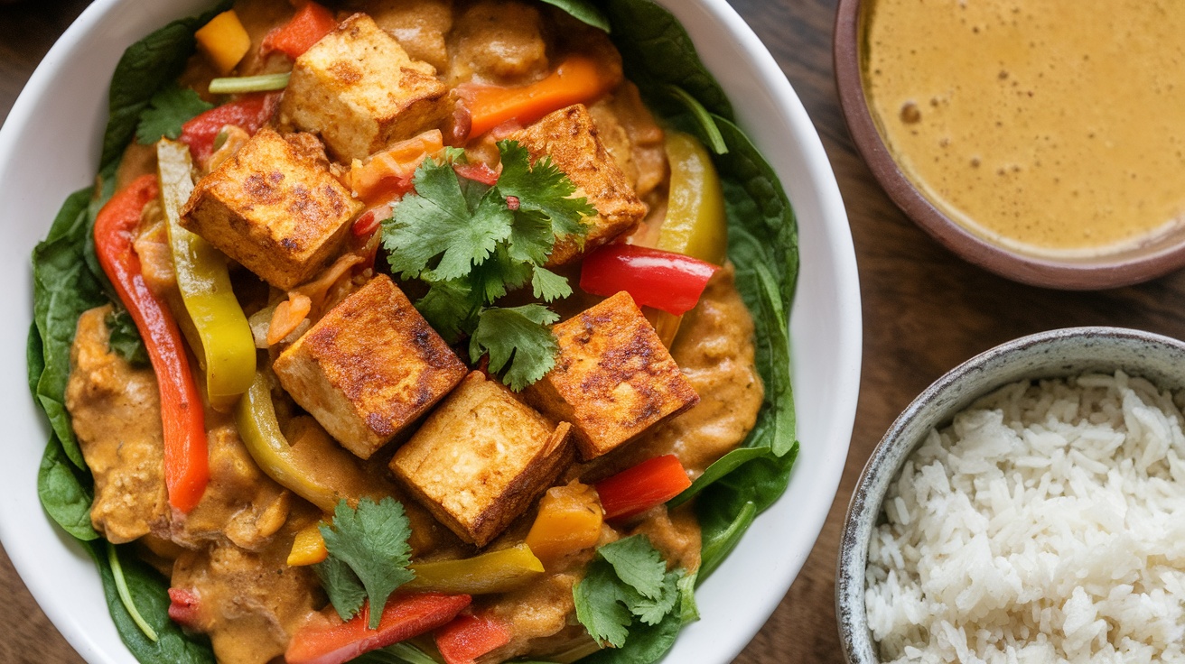 A bowl of Vegan Burmese Tofu Curry with crispy tofu, colorful vegetables in coconut sauce, garnished with cilantro, served with rice.