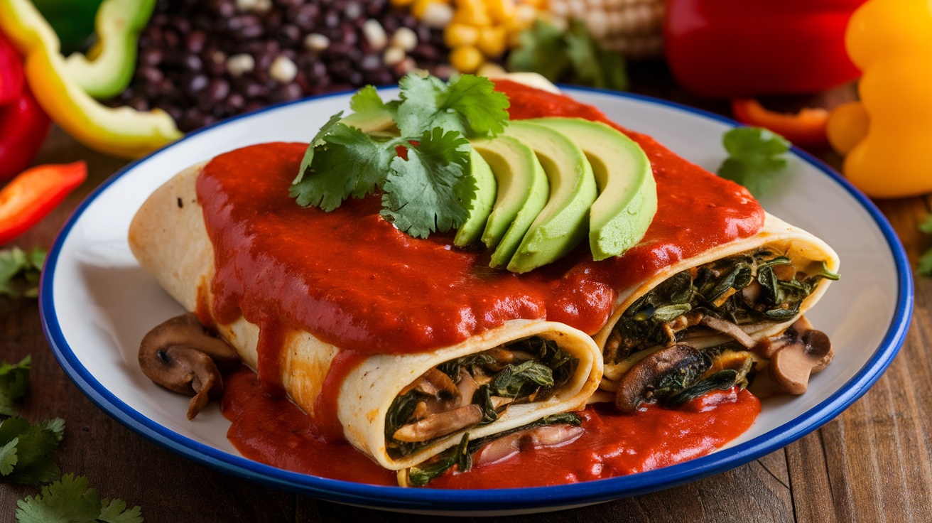 A colorful plate of vegan enchiladas with red sauce, avocado, and cilantro on a wooden table.