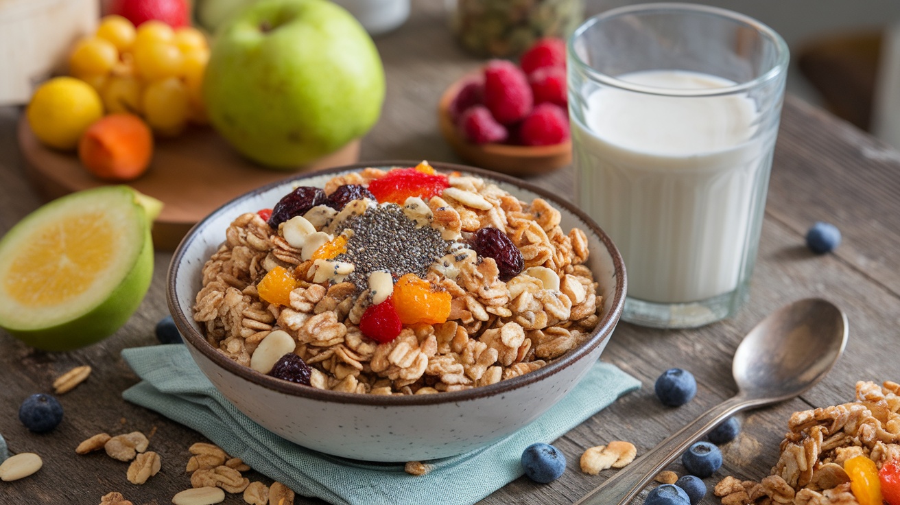 A bowl of homemade vegan granola with oats, nuts, and dried fruits on a wooden table with plant-based milk.