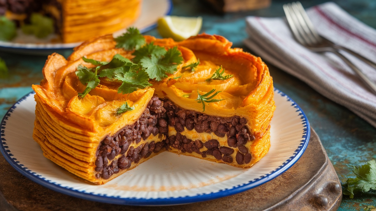 A slice of Vegan Pastelón showing layers of plantains and black beans, garnished with cilantro on a rustic table.