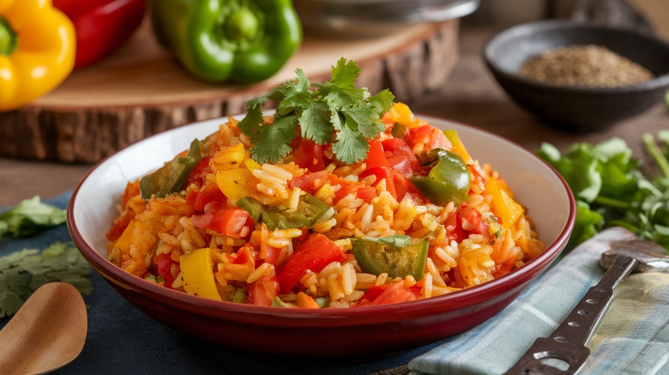 A bowl of Vegan Jollof Rice with colorful ingredients, garnished with cilantro on a rustic table.