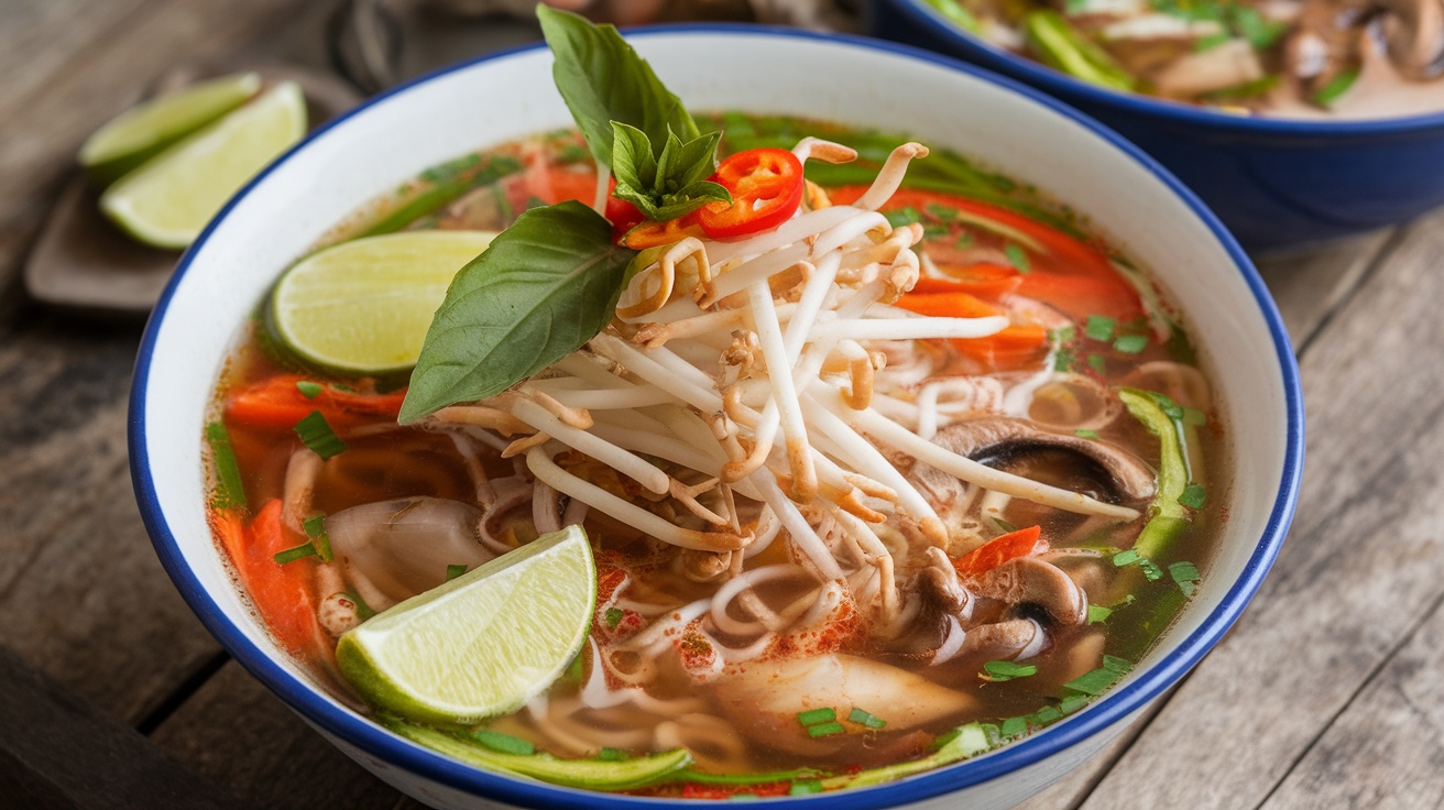 A bowl of vegan pho with noodles, vegetables, herbs, and lime, displayed on a rustic wooden table.