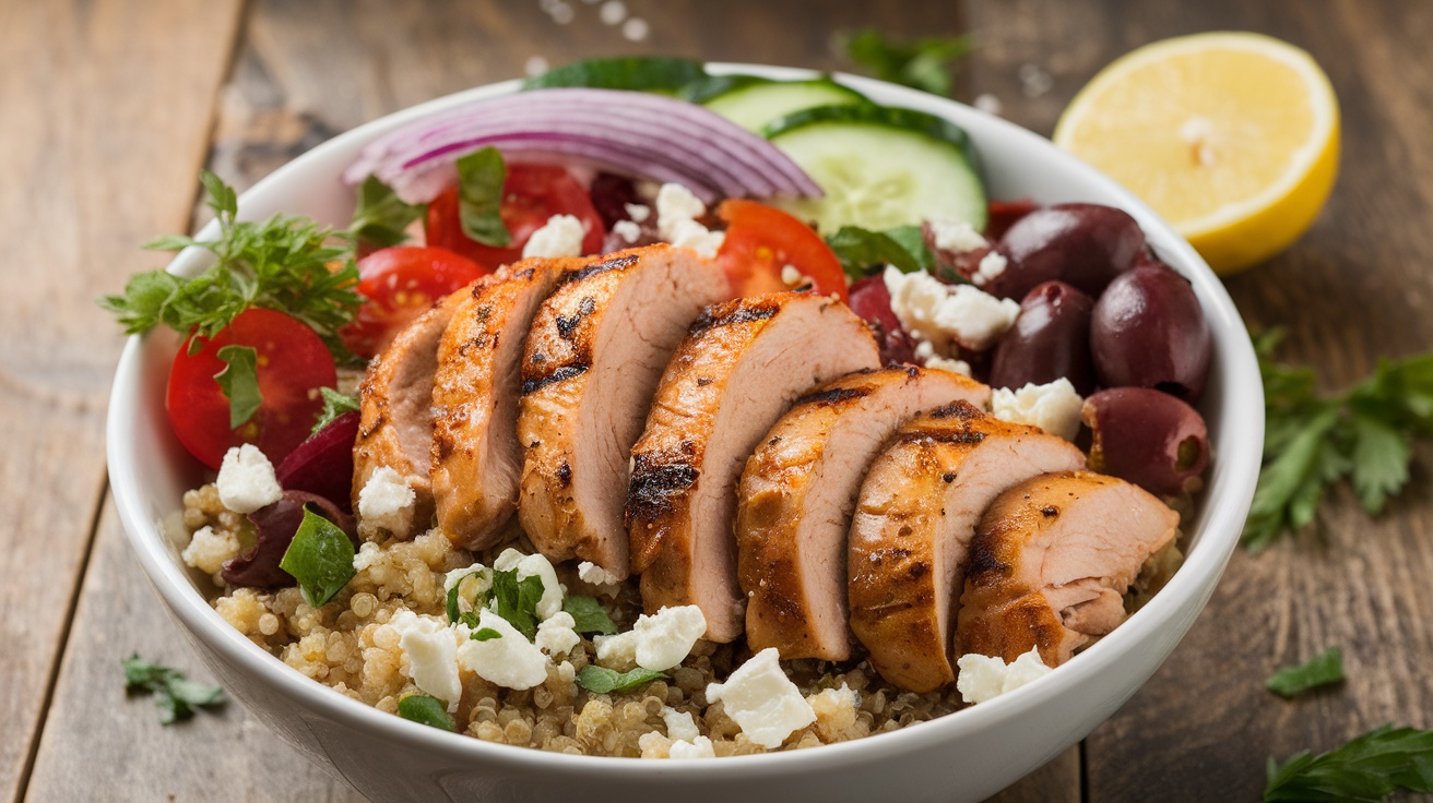 Mediterranean Grilled Chicken Bowl with quinoa, grilled chicken, fresh vegetables, and feta cheese on a wooden table.