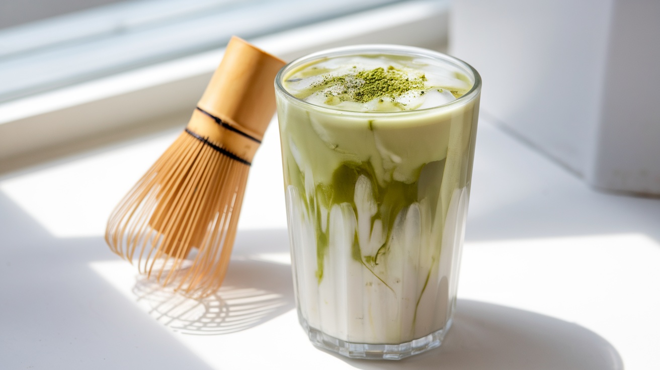 A glass of vegan iced matcha latte with ice and layers of green matcha and creamy milk, garnished with matcha powder.